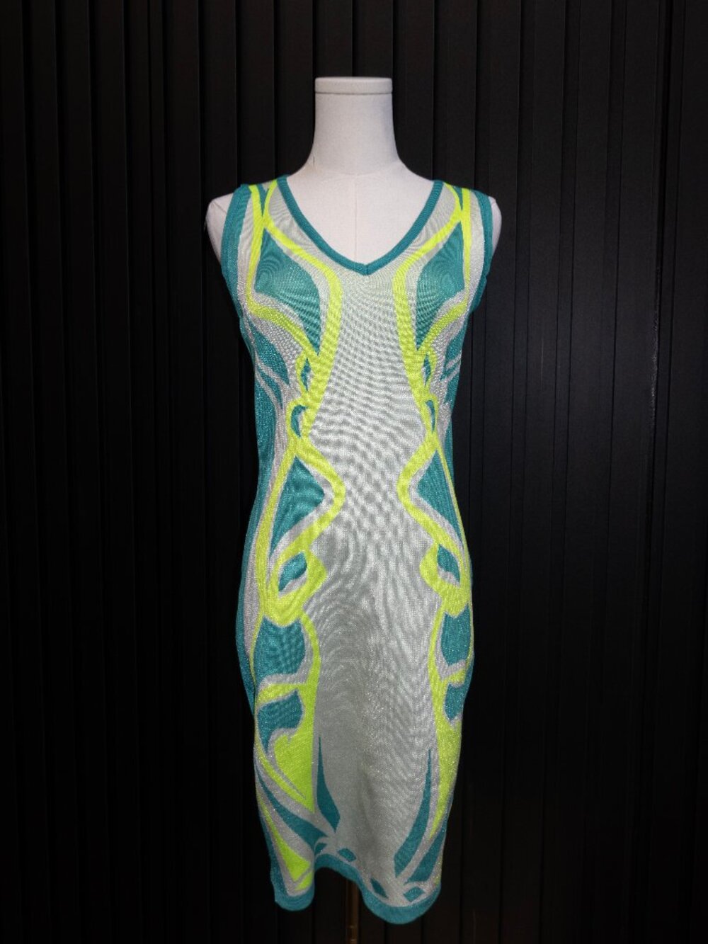 Teal Neon Yellow Abstract Print Knit Bodycon Midi Dress V-Neck